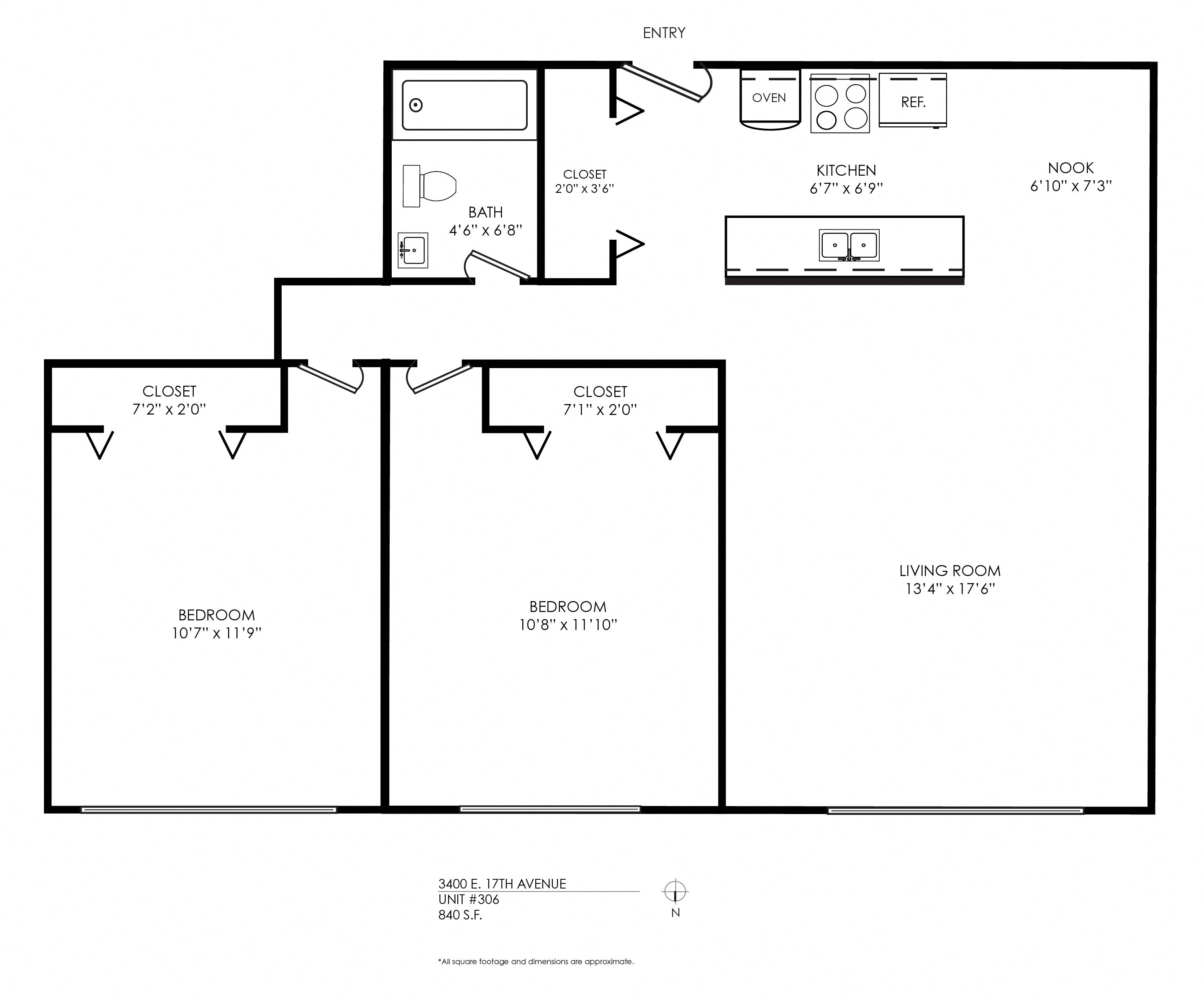 Floor plan for 2 beds, 1 bath, 840 sqft